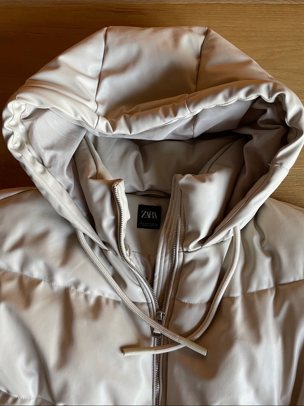 ZARA faux leather hooded puffer Jacket, Size Small